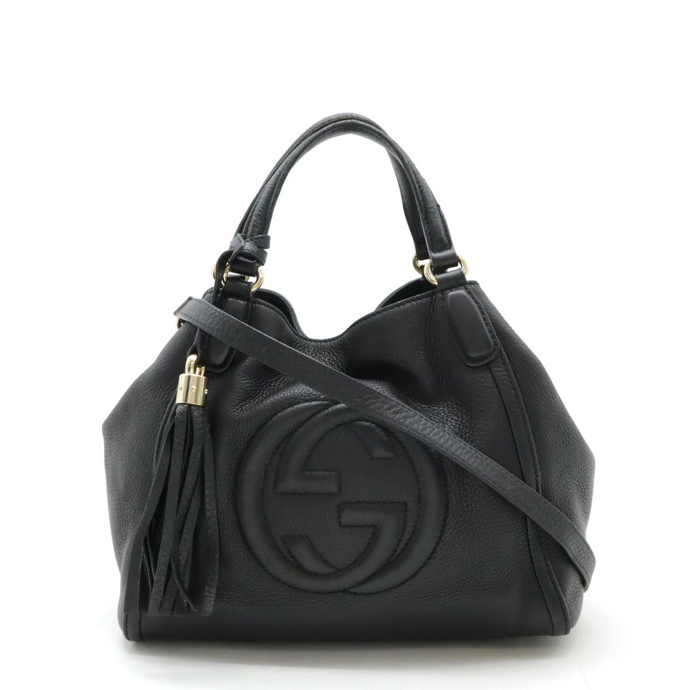 Gucci Soho Interlocking G 2way Shoulder Bag Fringe Tassel Leather Black
